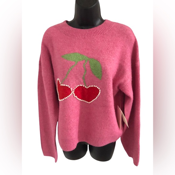 boutique Sweaters - Pearl studded Heart shaped cherry printed pink sweater size medium brand new